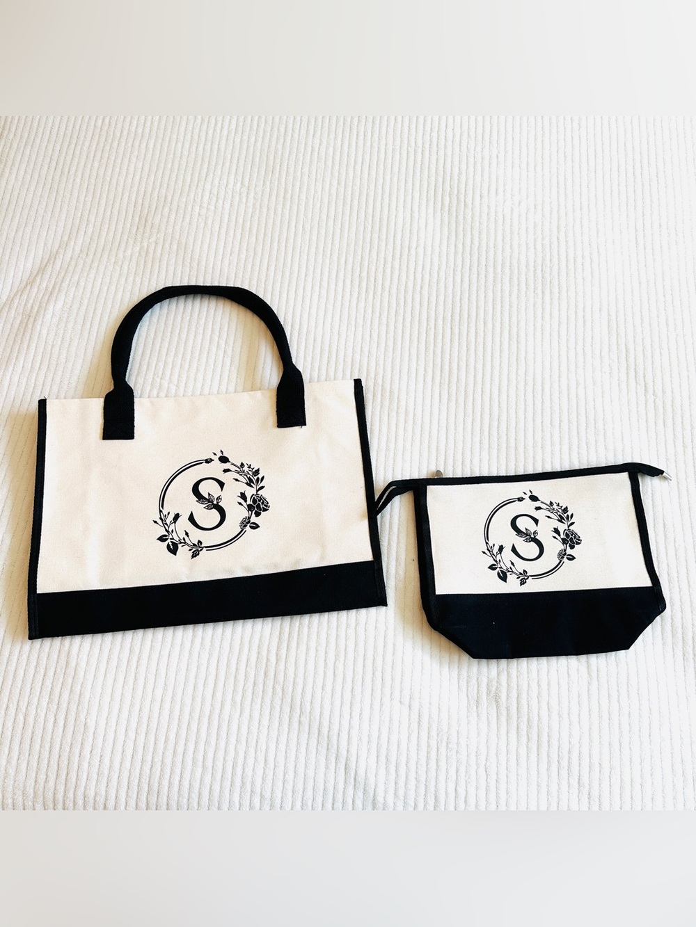 Monogrammed S Canvas Tote & Zip Pouch Set - Black & White